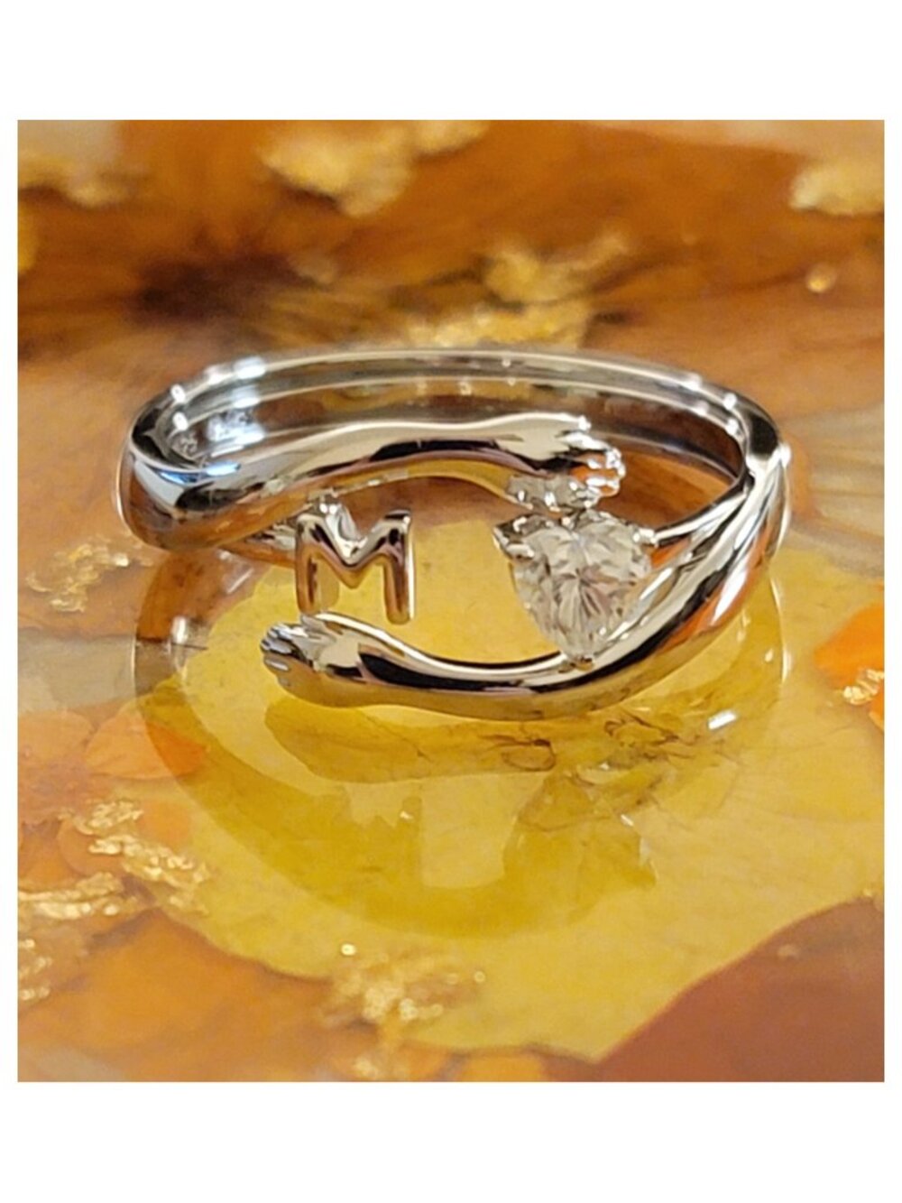 Moissanite Heart Initial M Ring 925 Silver Adjustable Stackable NWT